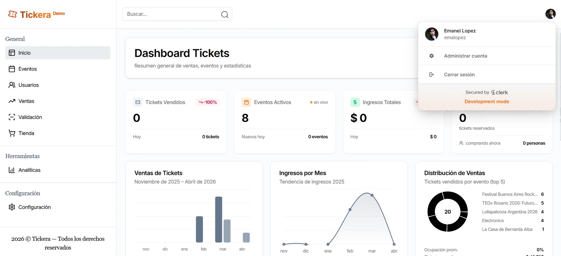 Dashboard de Tickera con métricas de ventas e ingresos